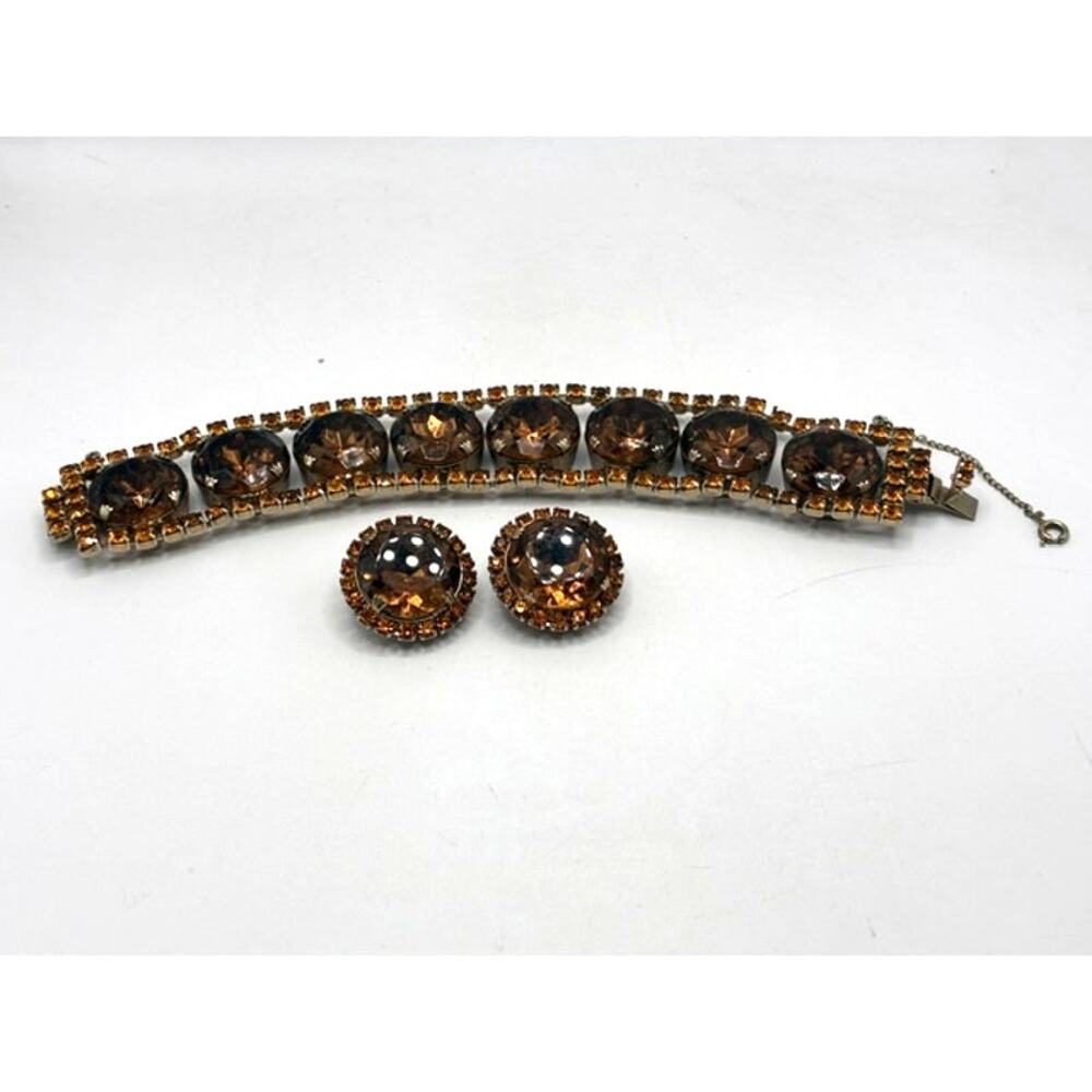 Vintage Smoky Topaz Rhinestone Bracelet Clip Earrings Set 1950s